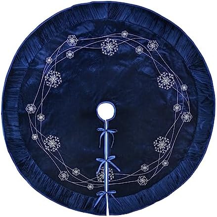 X.Sem Snowflakes Embroidered Velvet Christmas Tree Skirt with Pleat Velvet Border 50'' (Navy, 50 inch) - Image 3