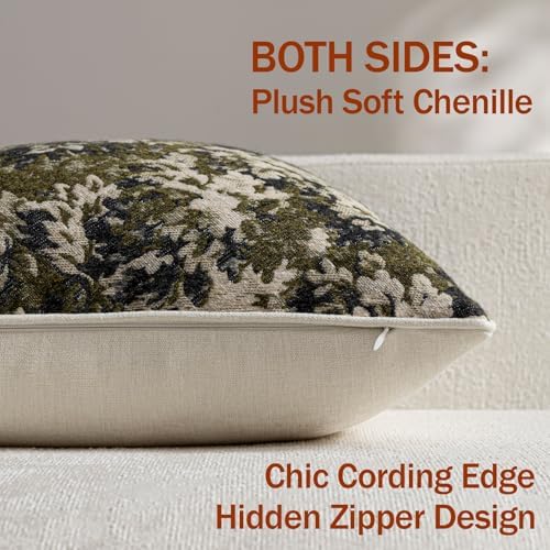 DEZENE Pack of 1 Vintage Floral Lumbar Pillow Covers 14x36 Boho Farmhouse Accents Chenille Rectangular Decorative Throw Pillow Cases for Living Room Couch Bed Home Decor, Olive Green - Image 3