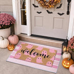 2 Pcs Pink Ghost Halloween Welcome Doormats, 16 x 24 in Welcome Ghost Door Mat and 24 x 32 in Pink White Striped Layering Rug, Cute Fall Porch Decor for Entryway Patio Kitchen Bathroom Floor by Unknown