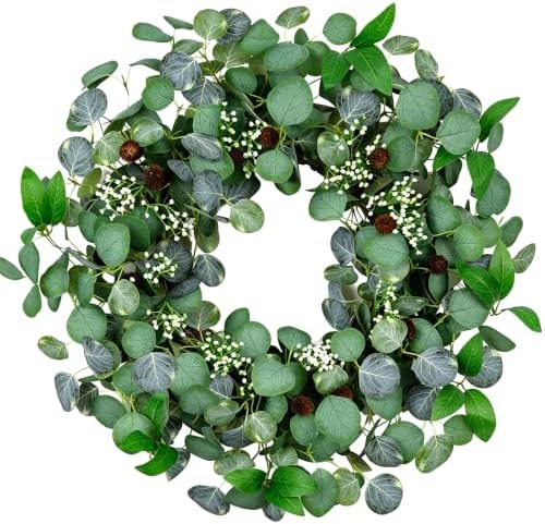 Summer Wreaths for Front Door, 24 in, Eucalyptus Leaf, White Berry by YUGALI