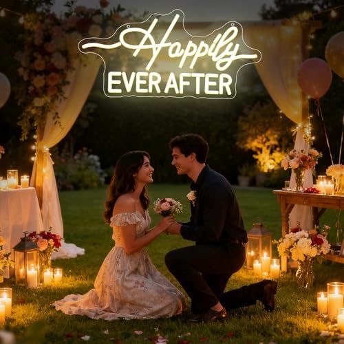 Happily Ever After LED Neon Light Sign, Wedding Neon Lights for Bachelorette Bridal Engagement Party Decoration Bridal Shower Wall Decor Valentine's Day Night Light Dimmable USB Powered(16.9"*7.9") - Image 2