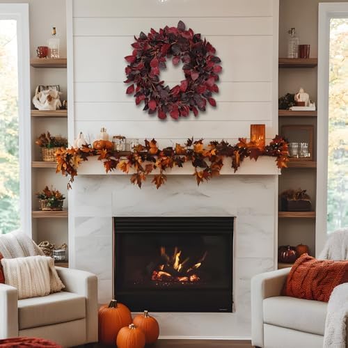 Artificial Fall Leaf Wreath for Front Door – 20" Autumn Wreath with Lifelike Fagus Sylvatica Foliages – Burgundy Red – Rustic Thanksgiving & Halloween Decoration for Indoor & Outdoor - Image 3