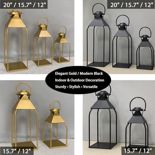 Decorative Metal Lanterns Indoor Outdoor, Candle Holder for Porch, Patio, Fireplace, Floor, Wedding, Christmas, Fall, Holiday, Farmhouse Table Centerpiece (Black, Set of 2 15.7" 12") - Image 5