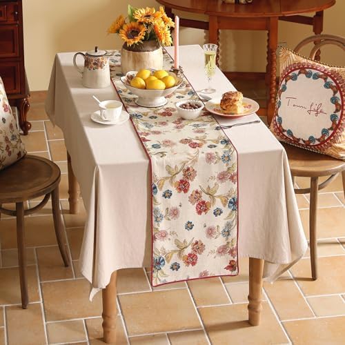 patdrea Designer Farmhouse Linen Thick Table Runner, Rustic Cottage Beige with Floral Pattern Fabric Table Mat, Decoration for Kitchen Dining Coffee Table Banquet Christmas , 12"*102" - Image 3