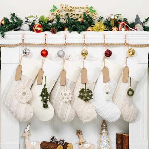 LUBOT Boho Christmas Stockings with Name Tag Set of 6 Rustic Farmhouse Country Large Family Xmas Stocking 20" with Fringe Pendant Fireplace Hanging Decor 6 Pack - Image 3