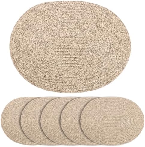 Oval Woven Cotton Placemats Set of 6, Thick Braided Rope Table Mats, 17 x 13 Inches Large Non Slip Heat Resistant Place Mats for Dining Table, Farmhouse Boho Hot Pads for Kitchen Decor (6, Brown) by Unknown