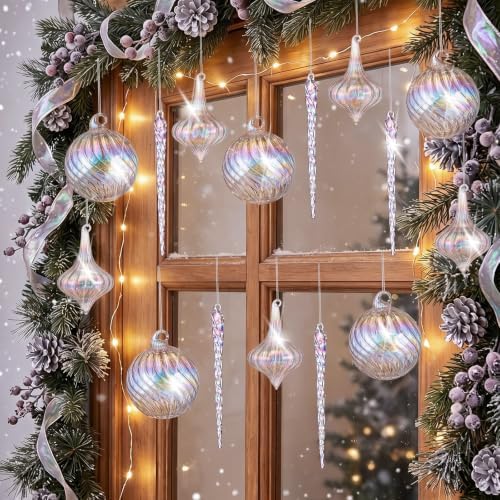 18 Pcs Iridescent Christmas Glass Ornaments Ball Icicle Drop Ornaments - Image 5