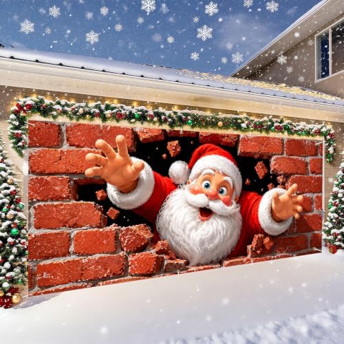 Funny Santa Claus Christmas Garage Door Banner 7x16 FT, Large 2-Car Brick Wall Breaking Through Outdoor Mural Backdrop, Cool Holiday Hanging Peeking Cover Sign Decoration for House Exterior Party - Image 3