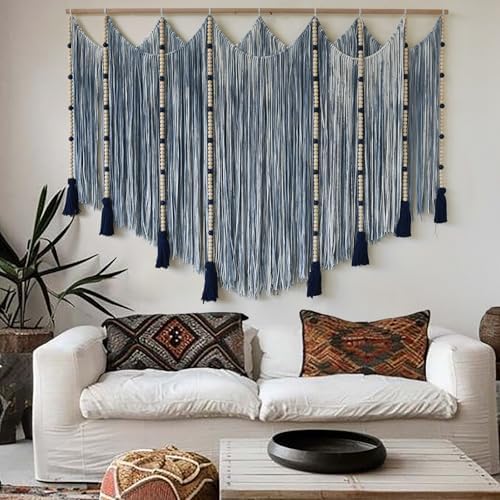 Jakalin Macrame Wall Hanging Blue Dip Dye Bead Boho Home Decor 57"x43" - Image 3