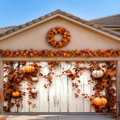 Thanksgiving Garage Door Banner 157.5x70.9in Autumn Pumpkin Vine Backdrop 2D Printed Farmhouse Fall Outdoor Garage Cover with Rope 10 Grommets for Home Yard Decor by KKYEJLQYI