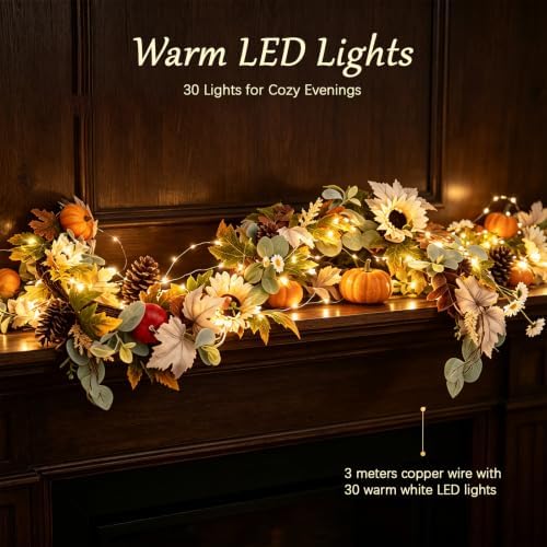 6FT Fall Garland with Lights, Sunflower Pumpkin Daisy Grapevine Lamb Ear Leaves, Thanksgiving Autumn Harvest Home Decor for Mantle Porch Table Centerpiece - Image 5