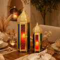 TRIROCKS Set of 2 Moroccan Candle Lanterns 22.5''&15'' H Decorative Candle Holder Hanging Lanterns with Embossed Colored Tempered Glass Ramadan Decorations for Home Outdoor Indoor Patio Weddings(Gold) by TRIROCKS