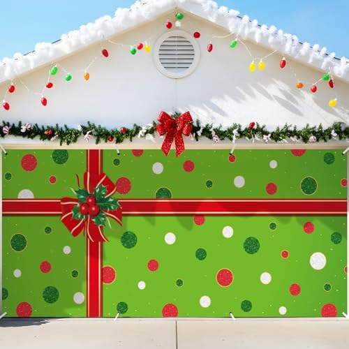 HunnmingRe 16 x 7ft Christmas Garage Door Cover, Red and Green Polka Dots by HunnmingRe