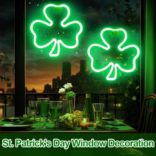 2 Pack 11 Inch St Patricks Day Decorations Shamrock Neon Lights, Green Decor Clover Window Lights with 2 Hooks, USB Powered St. Patrick's Day Lighted Shamrocks for Party Wall Bedroom Indoor Outdoor - Image 3