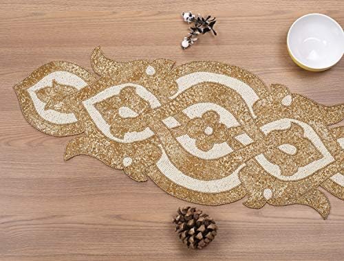 Lightnpro Infinity Beaded Table Runner 13x36 Inch Gold Ivory - Decorative Handmade Elegant Glimmer Embroidered Table Décor for Christmas, Thanksgiving, Family Gatherings, Wedding & Dinner Parties - Image 5