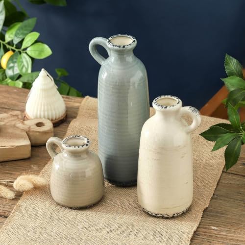 Ceramic Vases Set of 3, Neutral Rustic Farmhouse Vase with Handle, Decorative Flower Vases Home Decor Modern Boho Pampass Vase for Table Mantel Entryway Shelf Living Room Kitchen Bathroom - Ocean - Image 7
