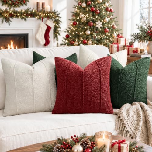 YCOLL Christmas Red Boucle Pillow Covers 22x22 Set of 2, Textured Christmas Pillow Covers with Striped Design, Soft Farmhouse Decorative Throw Pillow Covers for Christmas Decor - Image 4