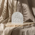 Natural Stone Table Decor - 3D Carved First Kalima Islamic Art - Arabic Calligraphy "La Ilaha Illallah" Desk Ornament - Modern Muslim Home Office Gift -Arch Design Spiritual Stone Sculpture by iwaconcept