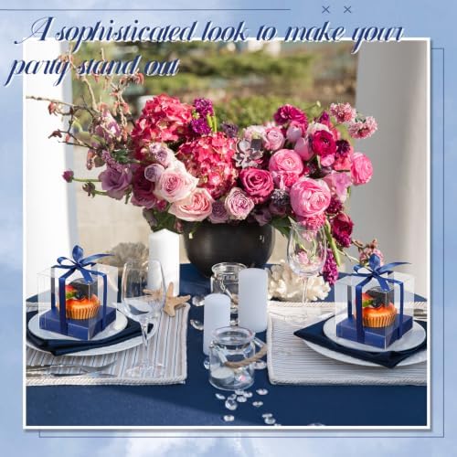 Gerrii 100 Pcs Clear Plastic Individual Cupcake Boxes 3.5" Single Cupcake Containers Transparent Ornament Gift Box with Inserts and Ribbon for Wedding Baby Shower Party Favor(Navy Blue) - Image 5