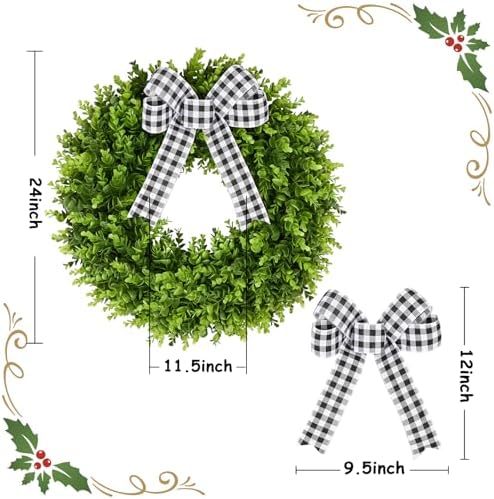 Vlorart 24" Large Boxwood Wreath for Front Door, Artificial Greenery Wreath with Plaid Bow, Full Lush Spring Summer Farmhouse Wall, Window & Wedding Decor - Image 2