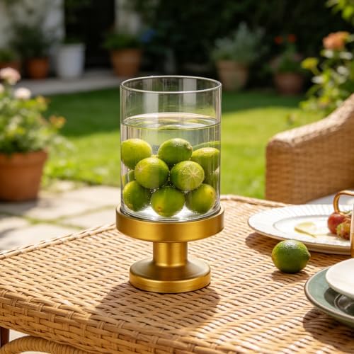 6" Wide Glass Hurricane Candle Holders and Glass Vase with Metal Base in Antique Brass, Handmade and Sturdy Glass, Pillars, Flower Arrangement, Centerpiece, Dining Table, Console Table, Mantel - Image 4