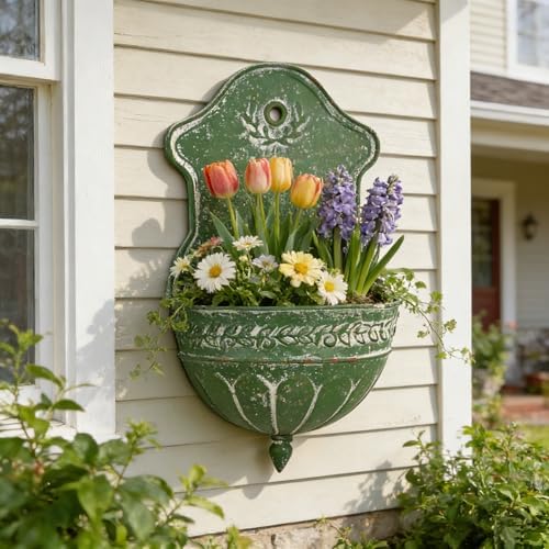 Vintage Rustic Wall Planter Distressed Decor Iron Hanging Plant Basket Shabby Metal Wall Mounted Flower Holder Pot Stand for Indoor Outdoor Home Balcony Patio Farmhouse Garden Decorative Green - Image 4