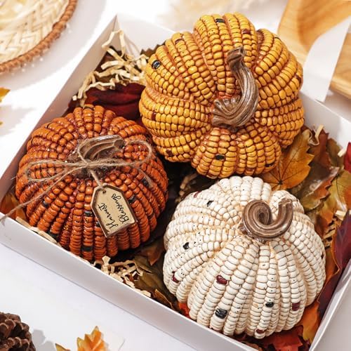 Briful 3PCS Fall Decorative Corn Pumpkin Set – Resin Harvest Pumpkins Fake Corn Pumpkins for Thanksgiving Table Centerpiece Autumn Tiered Tray Indoor Outdoor Fall Decoration - Image 6