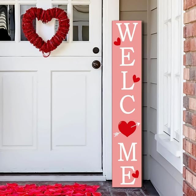 SRongmao Valentine's Day Welcome Porch Sign Love Wooden Hanging Sign Valentine's Day Front Door Sign Standing Vertical Welcome Signs for Home Front Door Yard Party Decor 8x63inch - Image 2