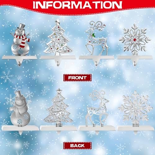 GUOER 4 Pack Snowflake Christmas Stocking Holder Set for Mantle Christmas Decorations Mantle Fireplace Topper-Snowman Reindeer and Christmas Tree Hangers Decorative Metal Hanger (Red Rhinestone) - Image 4
