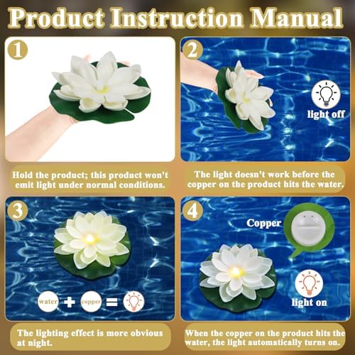 LACGO 24 PCS Waterproof Floating Lotus Lights - 5 Inch Floating Pool Flowers Battery Operated Water Activated Warm White Pool Flower Lights Wedding Anniversary Garden Decoration - Image 4