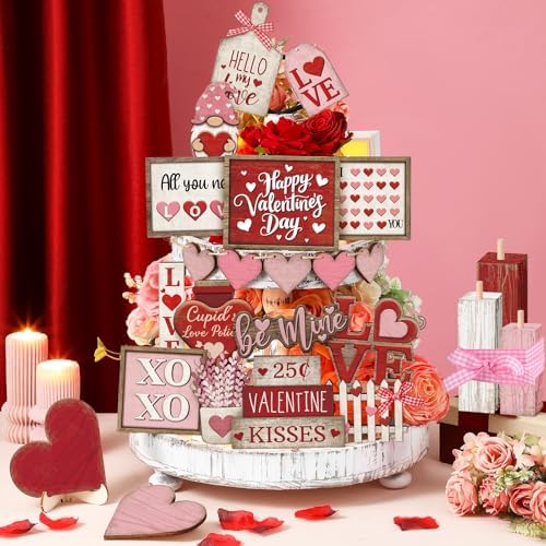 Moucuny 24 Pcs Vintage Farmhouse Valentine's Day Tiered Tray Decor Set Heart Wooden Valentine Table Centerpieces Love Heart XOXO Wooden Signs for Home Decor - Image 3