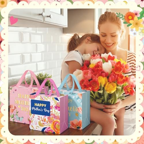 Wesnoy 48 Pcs Happy Mother's Day Tote Gift Bags with Handles Bulk Floral Non Woven Mom Candy Bags Reusable for Gift Wrapping Happy Mother's Day Goody Shopping Party Favor, 11.4 x 10.6 x 4.7 Inch - Image 5