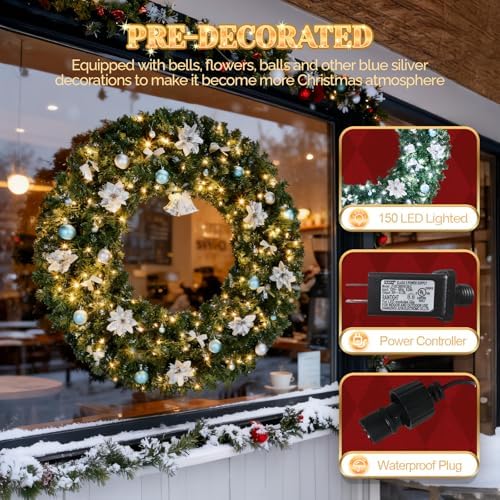 VINGLI 48 Inch Prelit Christmas Wreath Fireplace, Holiday Decor Blue Silver - Image 3