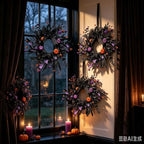 6 Pcs Small Halloween Hanging Wreaths with Black Foliage Purple Berries Orange Mini Pumpkins Purple Flowers Decor Balls Black Sheer Ribbon Gothic Mini Cabinet Wreath for Halloween Party Decor - Image 4