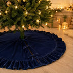 60 Inch Large Christmas Tree Skirt with Ruffled Edge and 3 Bow Ties, Navy Blue Velvet Xmas Tree Skirt Base Cover for Big Trees Home Holiday & Party Decorations - 150cm by AtiMing