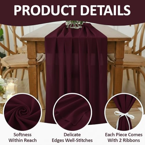 MDS Pack of 10 | Burgundy | 10ft Chiffon Table Runner 29x120 Inches Long Romantic Rustic Sheer Gauze Runner for Wedding Bridal Shower Birthday Banquets Engagement Spring Easter Boho Decorations - Image 5