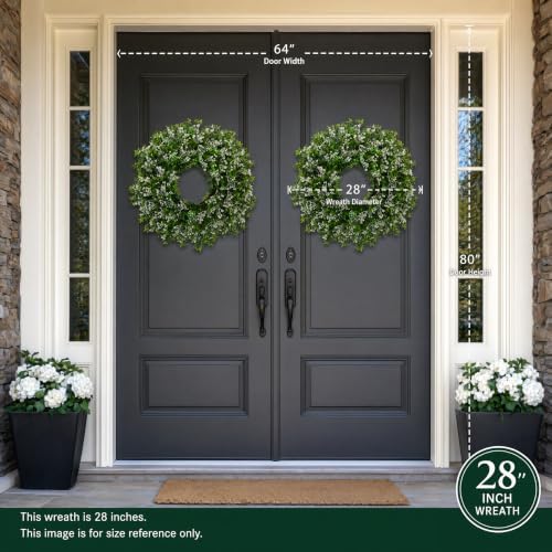 28'' Large Boxwood Wreath with Baby's Breath and White Seed Front Door Porch Window Decor Spring Summer Autumn Winter Greenery Outdoor Indoor Artificial Leaves Flowers for Home Farmhouse Wall Decor - Image 4