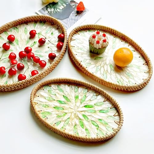 i-lan Set of 3 Green Mother of Pearl Inlay Rattan Trays - Oval Handwoven Decorative Nesting Trays for Coffee Table & Ottoman - 13/12/11 Inch Emerald Green Woven Platters for Boho Home Decor & Wall Art - Image 3