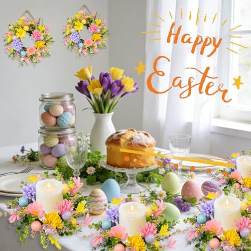 8 Pcs Easter Candle Rings, Mini Candle Holder Wreath with Spring Flowers and Eggs Decor for Table Centerpiece, Front Door, Easter Wreaths for Home Holiday Decor - Image 6