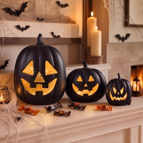 Vicenpal 3 Pcs Resin Halloween Pumpkin Decor Pumpkin Lantern, Black - Image 4