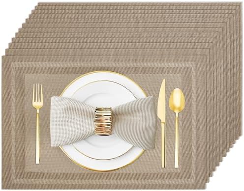 Khaki Vinyl Placemats Set of 12, Heat Resistant Table Placemats by Uolr