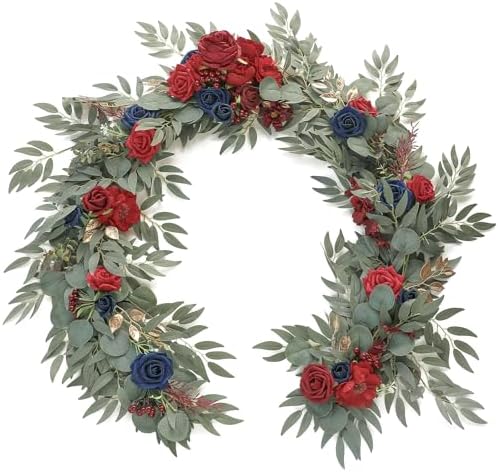 Floroom 6ft Artificial Eucalyptus Garland with Flowers Fake Greenery Faux Floral Vine Garland for Table Decor Wedding Centerpieces Bridal Shower Party Decorations, Dark Red Burgundy Navy by Floroom