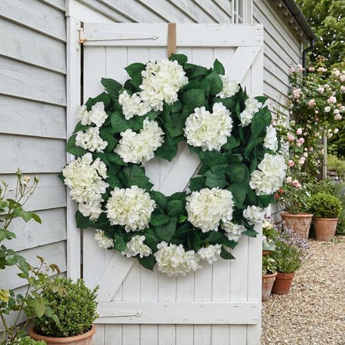 27" Hydrangea Wreath for Front Door – All-Season Wedding Décor with Lamb’s Ear Leaves & Hydrangea Blooms – Spring/Summer Farmhouse Style, Perfect Year-Round Decoration (White Hydrangea, Extra Large) - Image 4