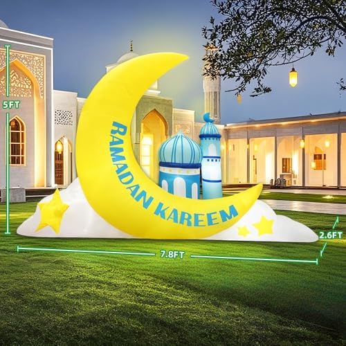 KOOY 7.8 FT Long Inflatable Ramadan Crescent Moon Decorations with Mosque & Star Blow Up Islamic Eid Decor Muslim Holiday Outdoor Decorations with LED Lighted - Image 5