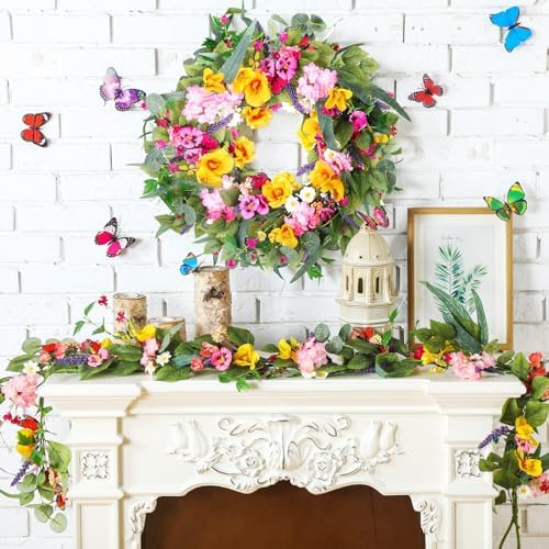 Hotop 2 Pcs Spring Summer Door Wreath for Front Door 22'' Artificial Colorful Phalaenopsis Flower Floral Wreath with Lavender Green Leaves for Indoor Outdoor Home Wedding Farmhouse Window Decor - Image 5