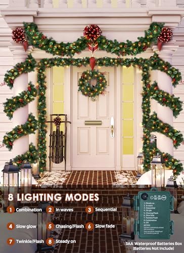 Christmas Garland with Lights, 9Ft Prelit Garland, 8 Light Modes & Timer - Image 4