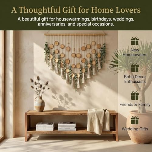 Macrame Leaf Wall Hanging Fake Eucalyptus Decor with 2-Piece Wood Slices Wall Decor Large for Bathroom Bedroom Kitchen, Artificial Wall Hanging Plants，Boho Wall Art - Image 5