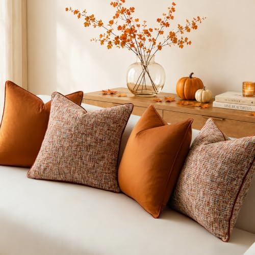 a moment Orange 4 Pack Throw Pillow Covers - Chenille & Velvet Set with Piping, Farmhouse Textured Design Pillow Cases for Couch Sofa Bed Livingroom (22x22 Inch, No Insert) - Image 2
