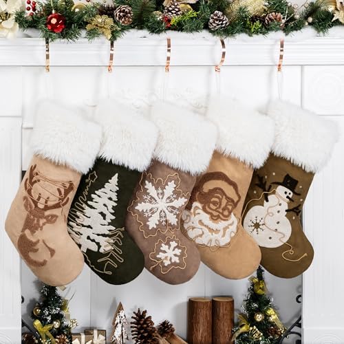 GEXWORLDWIDE GEX Christmas Stockings 5 Pack for Family Soft Suede with Rope Stitch Embroidery Large 20" Fluffy Faux Fur Rustic Farmhouse Country Stockings for Xmas Fireplace Decoration (Set of 5) by GEXWorldwide