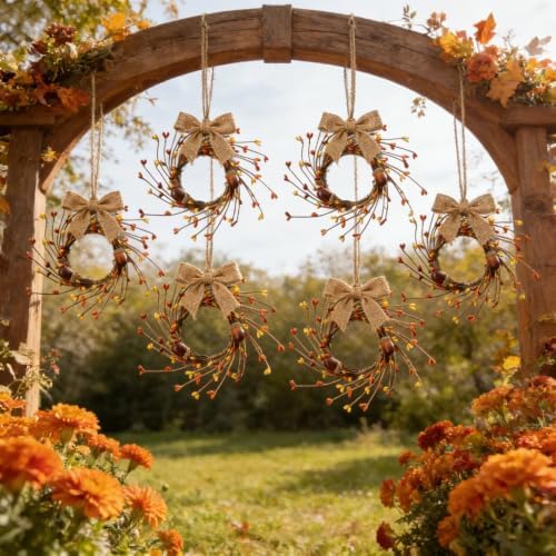 8 Pcs Small Fall Hanging Wreaths with Artificial Acorns Autumn Yellow Orange Berry Buds Mini Cabinet Wreath for Home Table Centerpieces Kitchen Farmhouse Thanksgiving Party Decor - Image 4